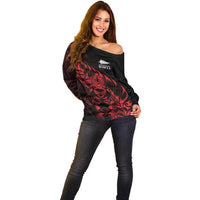 New Zealand Lawn Bowls Custom Off Shoulder Sweater Red Maori Warrior Tribal Silver Fern - Polynesian Pride