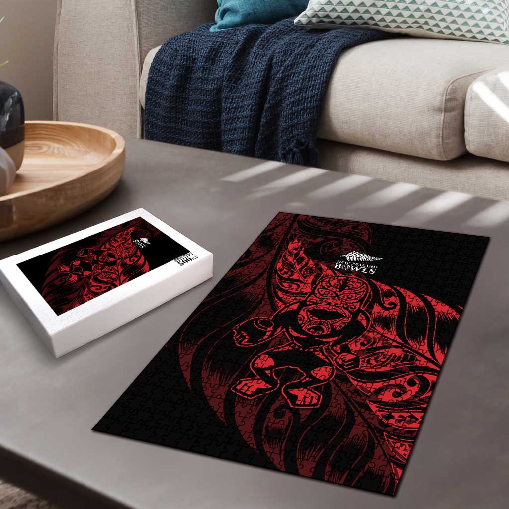 New Zealand Lawn Bowls Puzzle Red Maori Warrior Tribal Silver Fern - Polynesian Pride