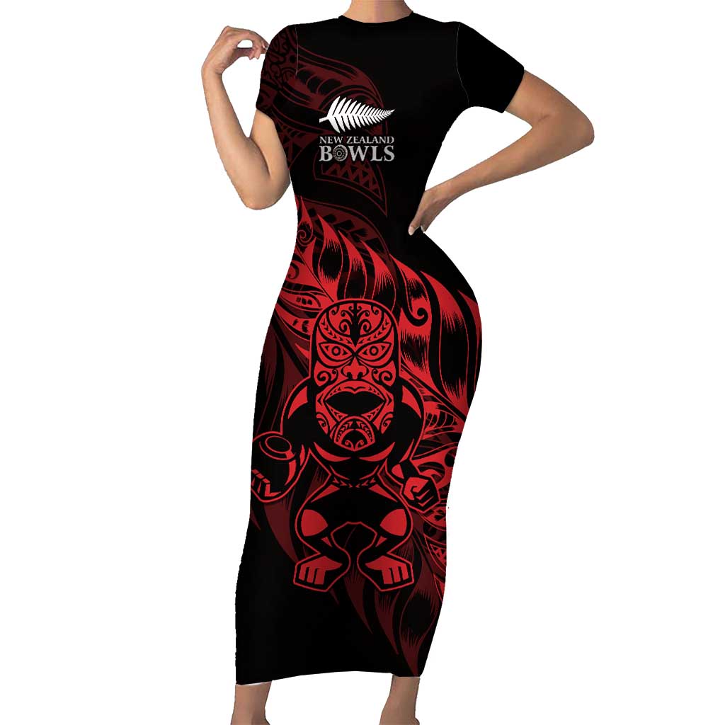 New Zealand Lawn Bowls Custom Short Sleeve Bodycon Dress Red Maori Warrior Tribal Silver Fern LT9 Long Dress Red - Polynesian Pride