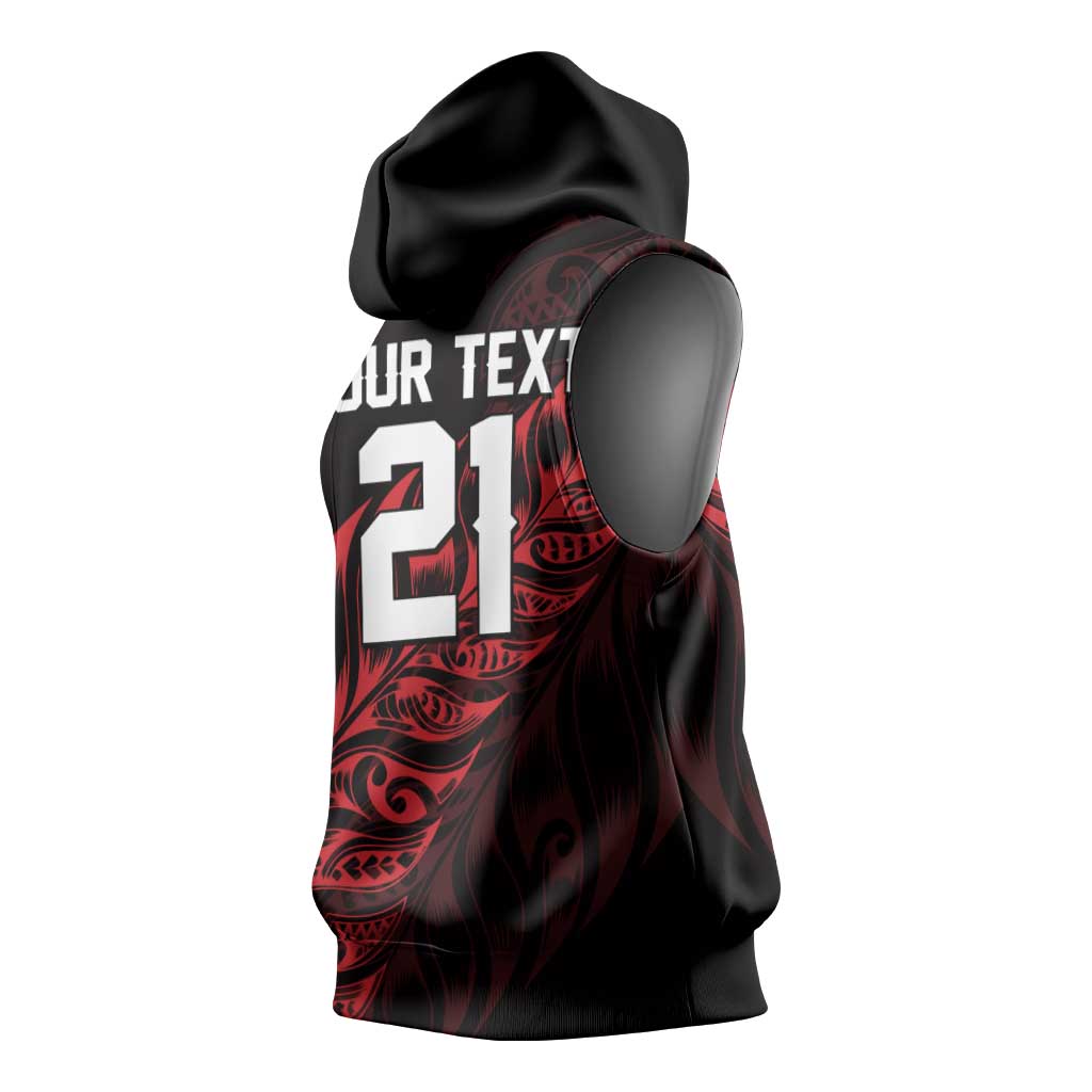 New Zealand Lawn Bowls Custom Sleeveless Hoodie Red Maori Warrior Tribal Silver Fern - Polynesian Pride