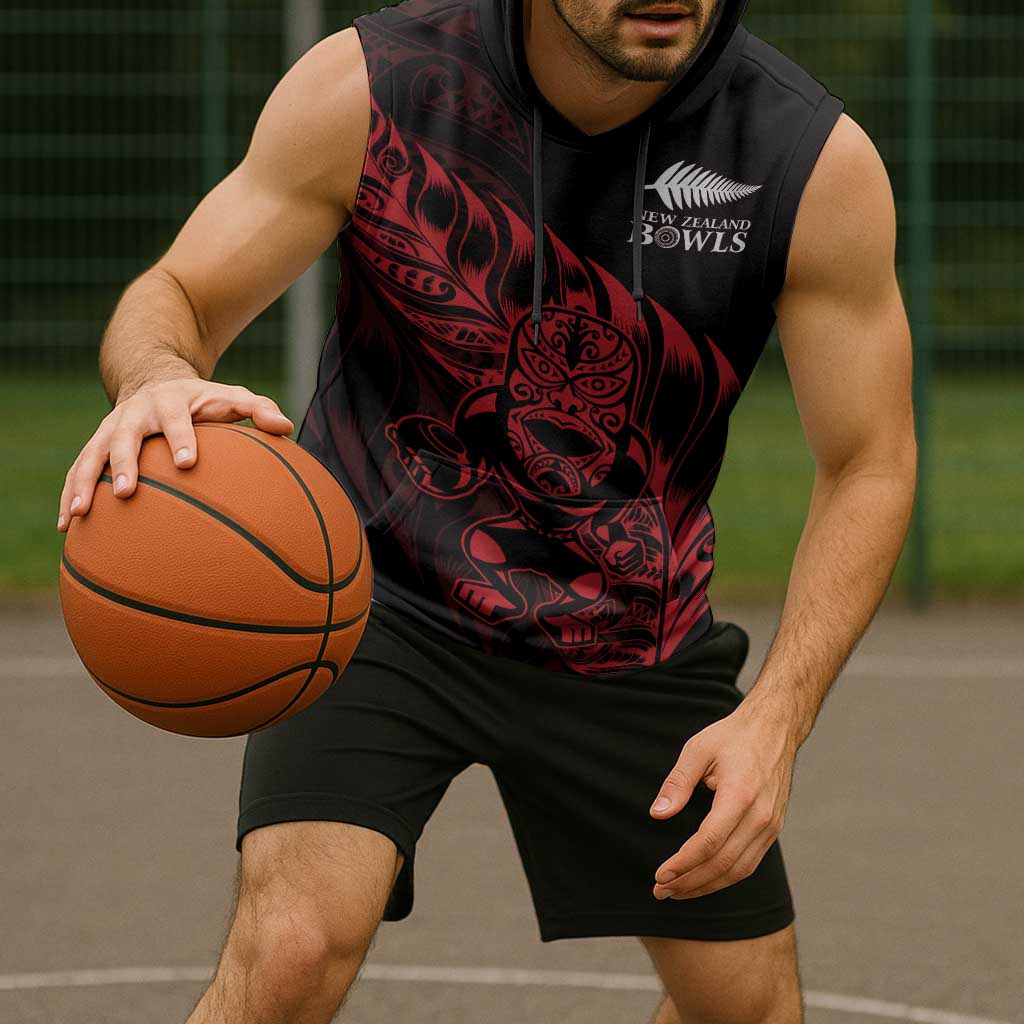 New Zealand Lawn Bowls Custom Sleeveless Hoodie Red Maori Warrior Tribal Silver Fern - Polynesian Pride