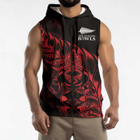 New Zealand Lawn Bowls Custom Sleeveless Zip Hoodie Red Maori Warrior Tribal Silver Fern LT9 - Polynesian Pride
