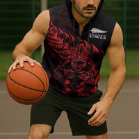 New Zealand Lawn Bowls Custom Sleeveless Zip Hoodie Red Maori Warrior Tribal Silver Fern LT9 - Polynesian Pride