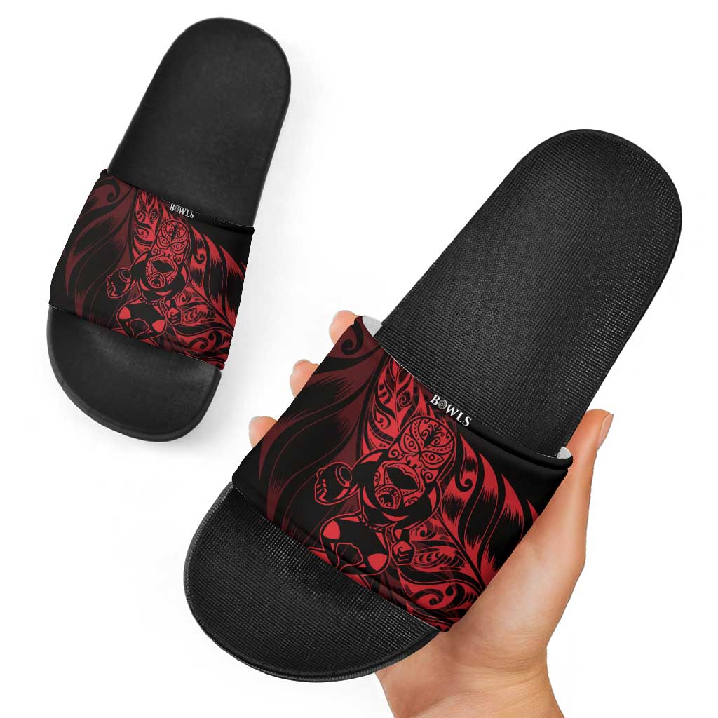 New Zealand Lawn Bowls Slide Sandals Red Maori Warrior Tribal Silver Fern - Polynesian Pride