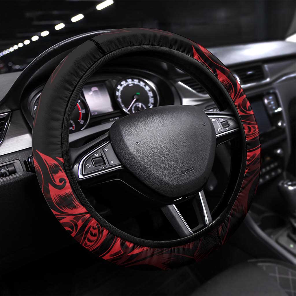 New Zealand Lawn Bowls Steering Wheel Cover Red Maori Warrior Tribal Silver Fern - Polynesian Pride