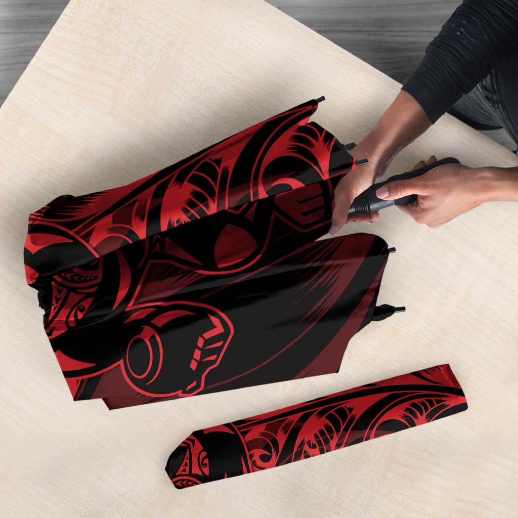 New Zealand Lawn Bowls Umbrella Red Maori Warrior Tribal Silver Fern - Polynesian Pride