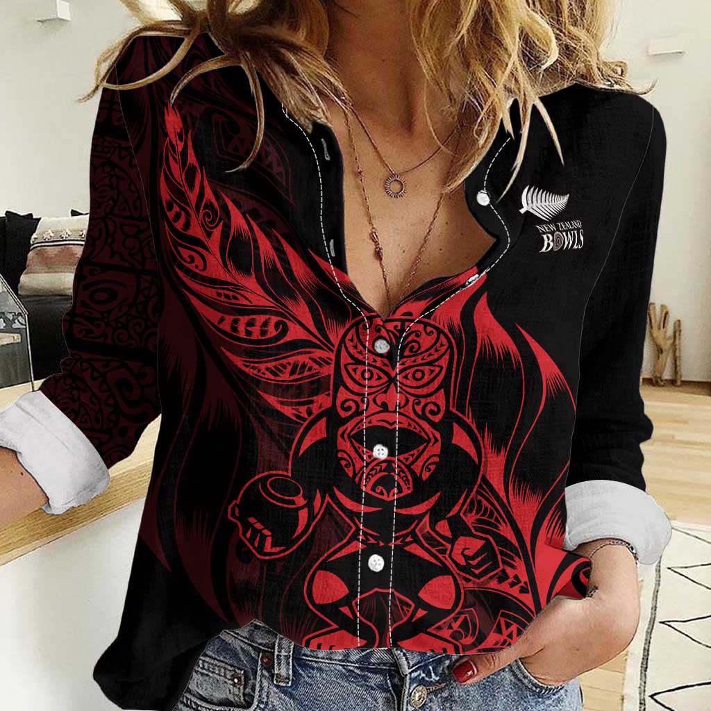 New Zealand Lawn Bowls Custom Women Casual Shirt Red Maori Warrior Tribal Silver Fern - Polynesian Pride
