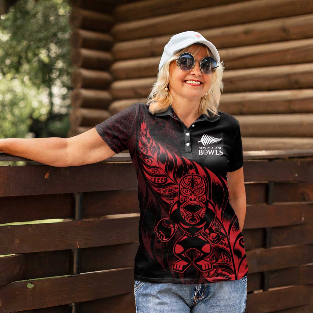 New Zealand Lawn Bowls Custom Women Polo Shirt Red Maori Warrior Tribal Silver Fern LT9 - Polynesian Pride