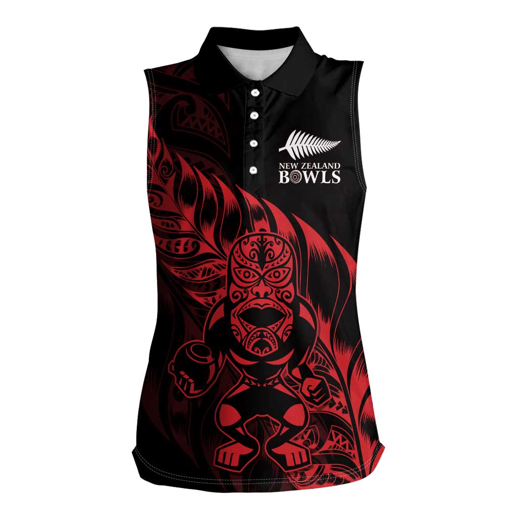 New Zealand Lawn Bowls Custom Women Sleeveless Polo Shirt Red Maori Warrior Tribal Silver Fern LT9 Female Red - Polynesian Pride