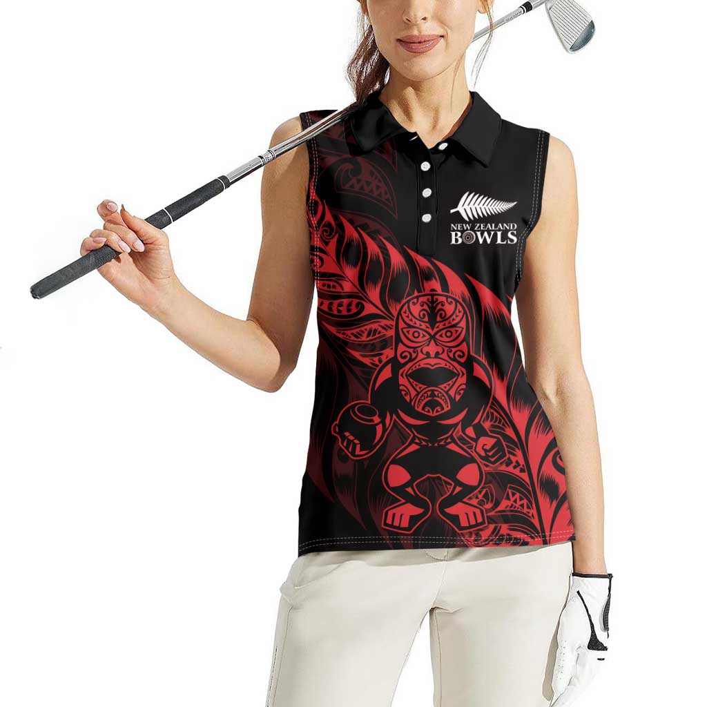New Zealand Lawn Bowls Custom Women Sleeveless Polo Shirt Red Maori Warrior Tribal Silver Fern LT9 - Polynesian Pride