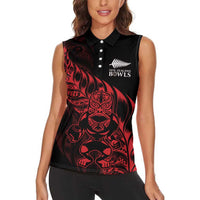 New Zealand Lawn Bowls Custom Women Sleeveless Polo Shirt Red Maori Warrior Tribal Silver Fern LT9 - Polynesian Pride