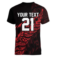 New Zealand Lawn Bowls Custom Women V-Neck T-Shirt Red Maori Warrior Tribal Silver Fern LT9 - Polynesian Pride