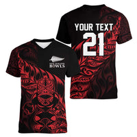 New Zealand Lawn Bowls Custom Women V-Neck T-Shirt Red Maori Warrior Tribal Silver Fern LT9 - Polynesian Pride