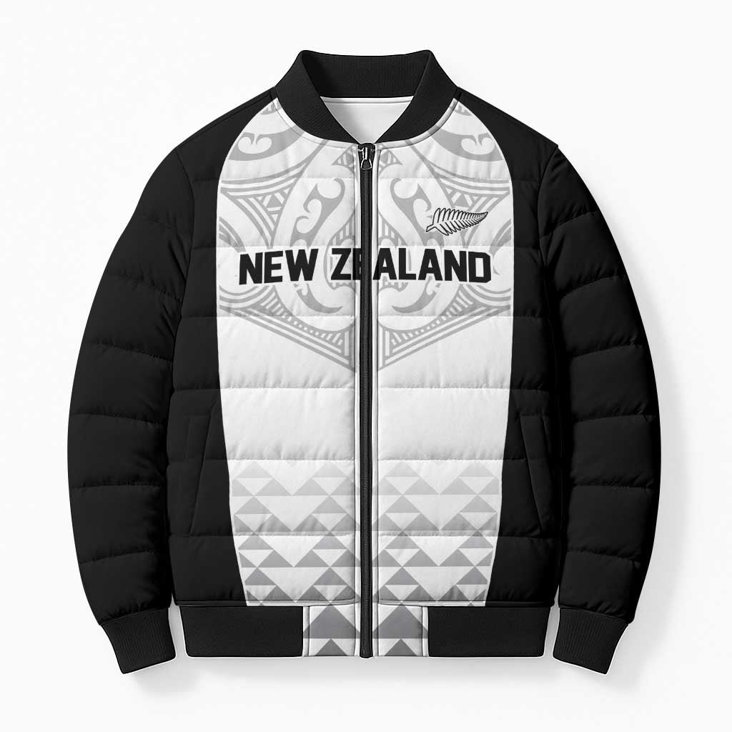 World Football 2026 New Zealand Custom Bomber Puffer Jacket All White Fern Maori Tribal LT9 Unisex White - Polynesian Pride