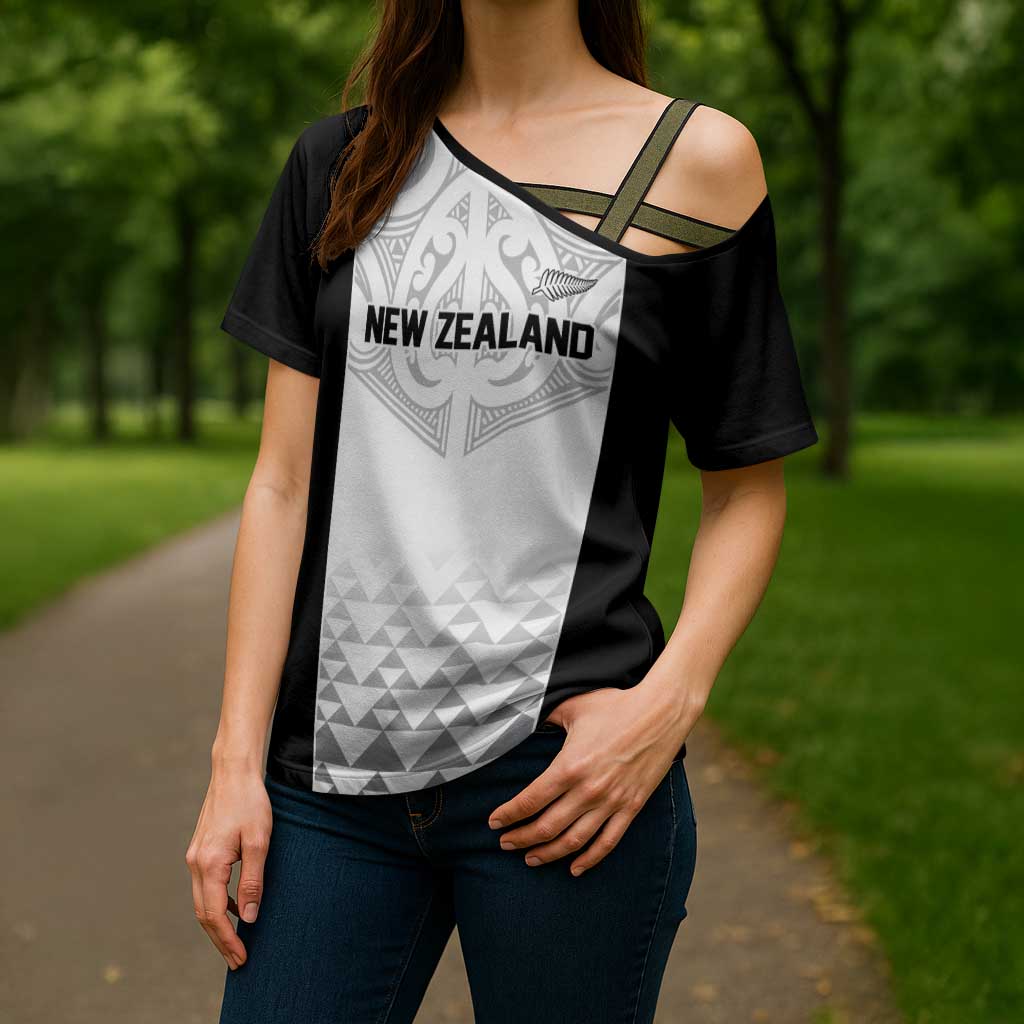 World Football 2026 New Zealand Custom Cross Shoulder Shirt All White Fern Maori Tribal LT9 - Polynesian Pride