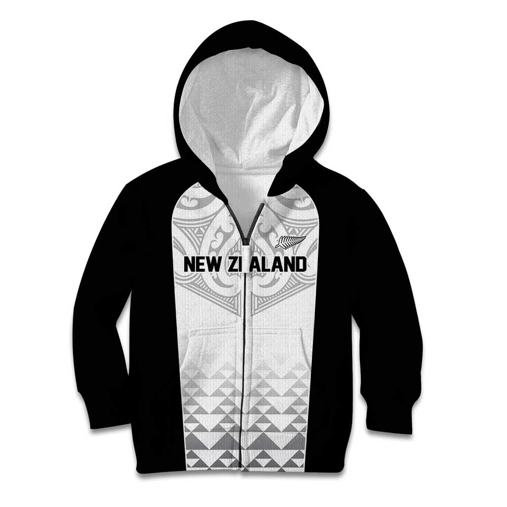 World Football 2026 New Zealand Custom Kid Hoodie All White Fern Maori Tribal LT9 Zip Hoodie White - Polynesian Pride