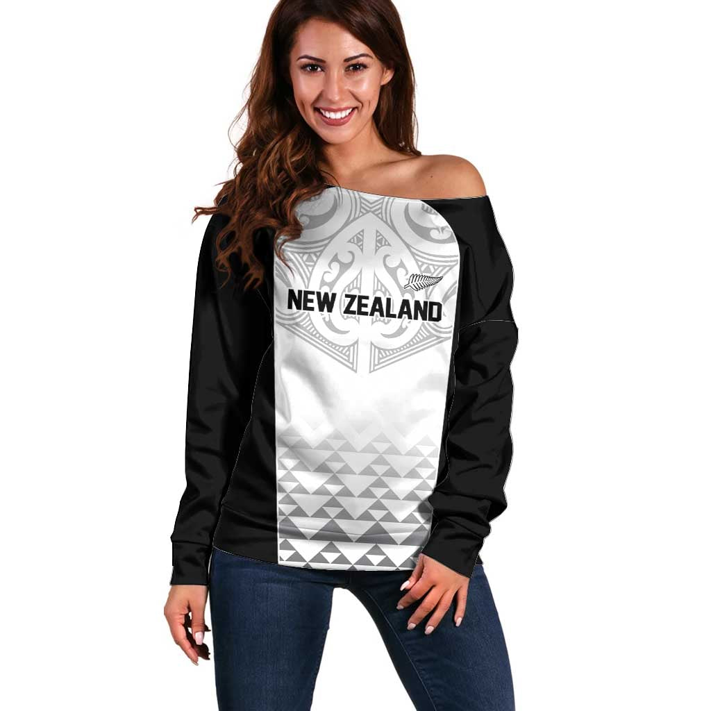 World Football 2026 New Zealand Custom Off Shoulder Sweater All White Fern Maori Tribal LT9 Women White - Polynesian Pride