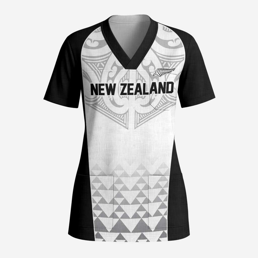 World Football 2026 New Zealand Custom Scrub Top All White Fern Maori Tribal LT9 Adult White - Polynesian Pride