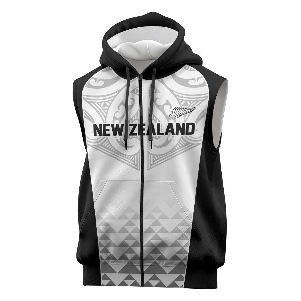 World Football 2026 New Zealand Custom Sleeveless Zip Hoodie All White Fern Maori Tribal LT9 White - Polynesian Pride