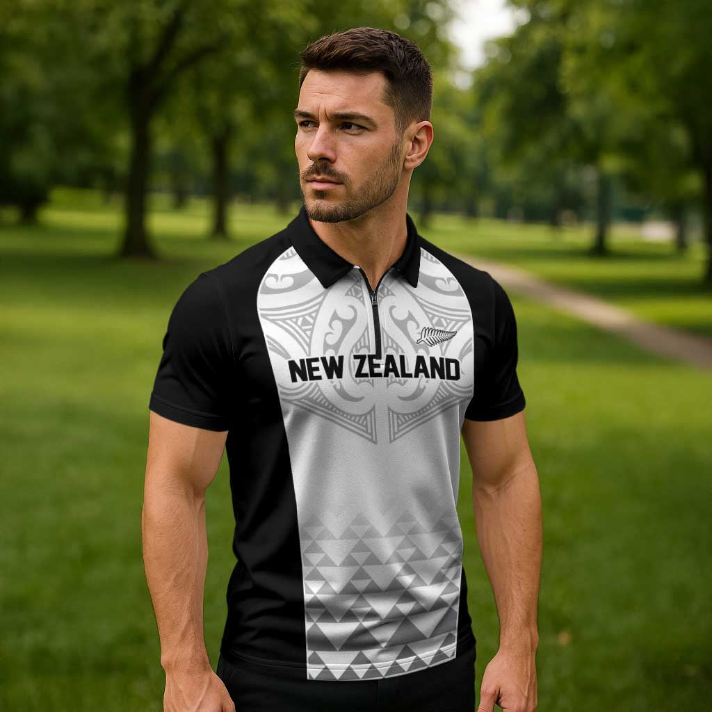 World Football 2026 New Zealand Custom Zipper Polo Shirt All White Fern Maori Tribal LT9 - Polynesian Pride