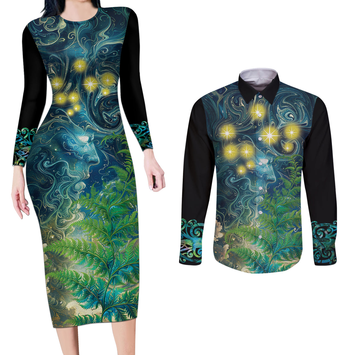 New Zealand Matariki Waipuna-a-rangi Couples Matching Long Sleeve Bodycon Dress and Long Sleeve Button Shirt He Roimata o Rangi LT9 Black - Polynesian Pride