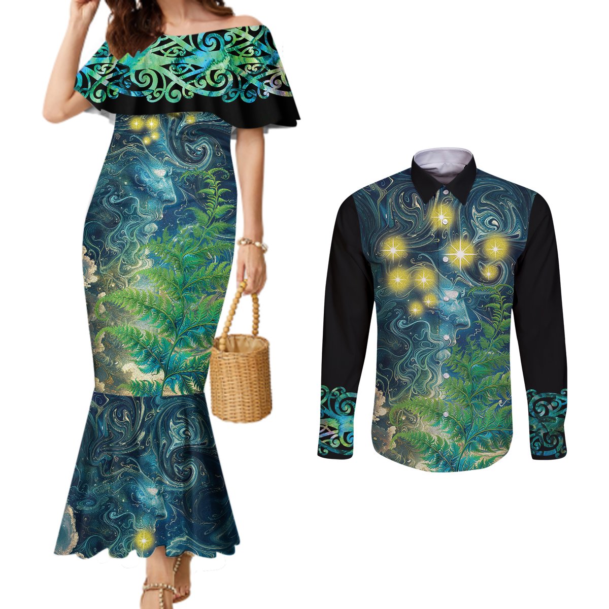 New Zealand Matariki Waipuna-a-rangi Couples Matching Mermaid Dress and Long Sleeve Button Shirt He Roimata o Rangi LT9 Black - Polynesian Pride