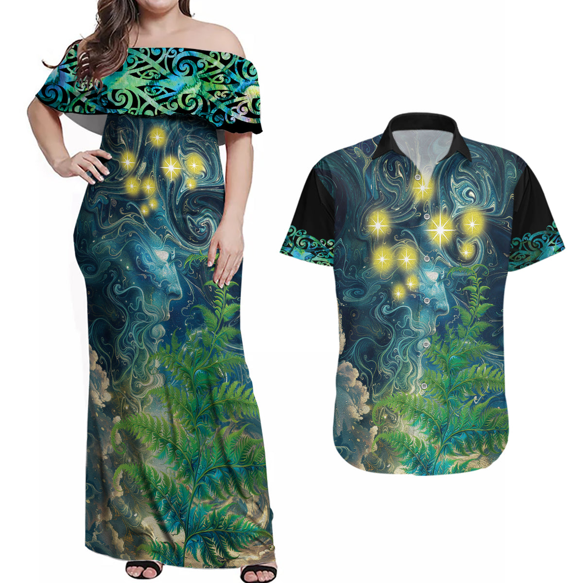 New Zealand Matariki Waipuna-a-rangi Couples Matching Off Shoulder Maxi Dress and Hawaiian Shirt He Roimata o Rangi LT9 Black - Polynesian Pride