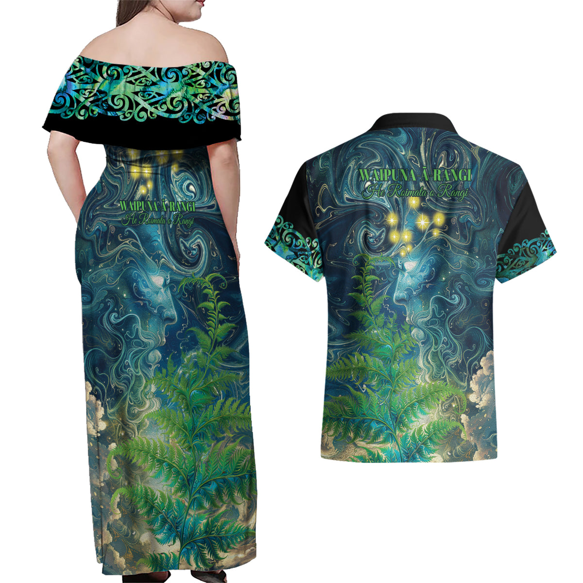 New Zealand Matariki Waipuna-a-rangi Couples Matching Off Shoulder Maxi Dress and Hawaiian Shirt He Roimata o Rangi LT9 - Polynesian Pride