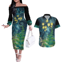 New Zealand Matariki Waipuna-a-rangi Couples Matching Off The Shoulder Long Sleeve Dress and Hawaiian Shirt He Roimata o Rangi LT9 Black - Polynesian Pride