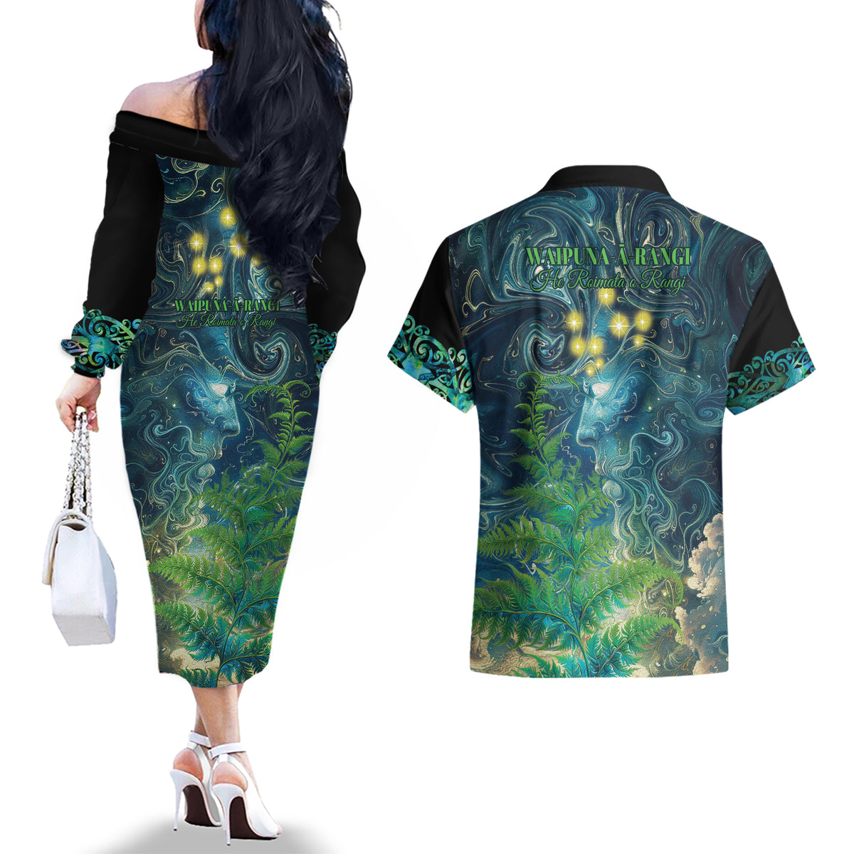 New Zealand Matariki Waipuna-a-rangi Couples Matching Off The Shoulder Long Sleeve Dress and Hawaiian Shirt He Roimata o Rangi LT9 - Polynesian Pride