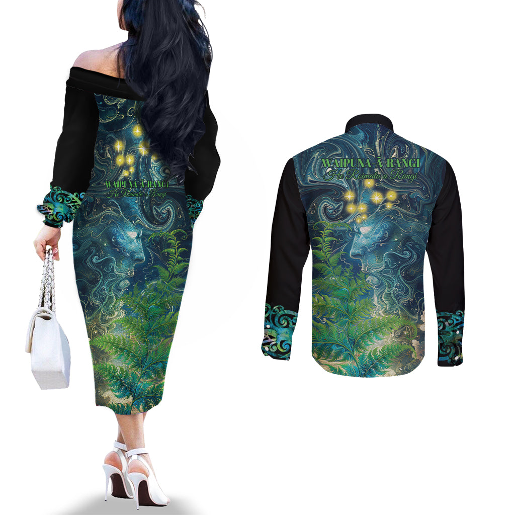 New Zealand Matariki Waipuna-a-rangi Couples Matching Off The Shoulder Long Sleeve Dress and Long Sleeve Button Shirt He Roimata o Rangi LT9 - Polynesian Pride