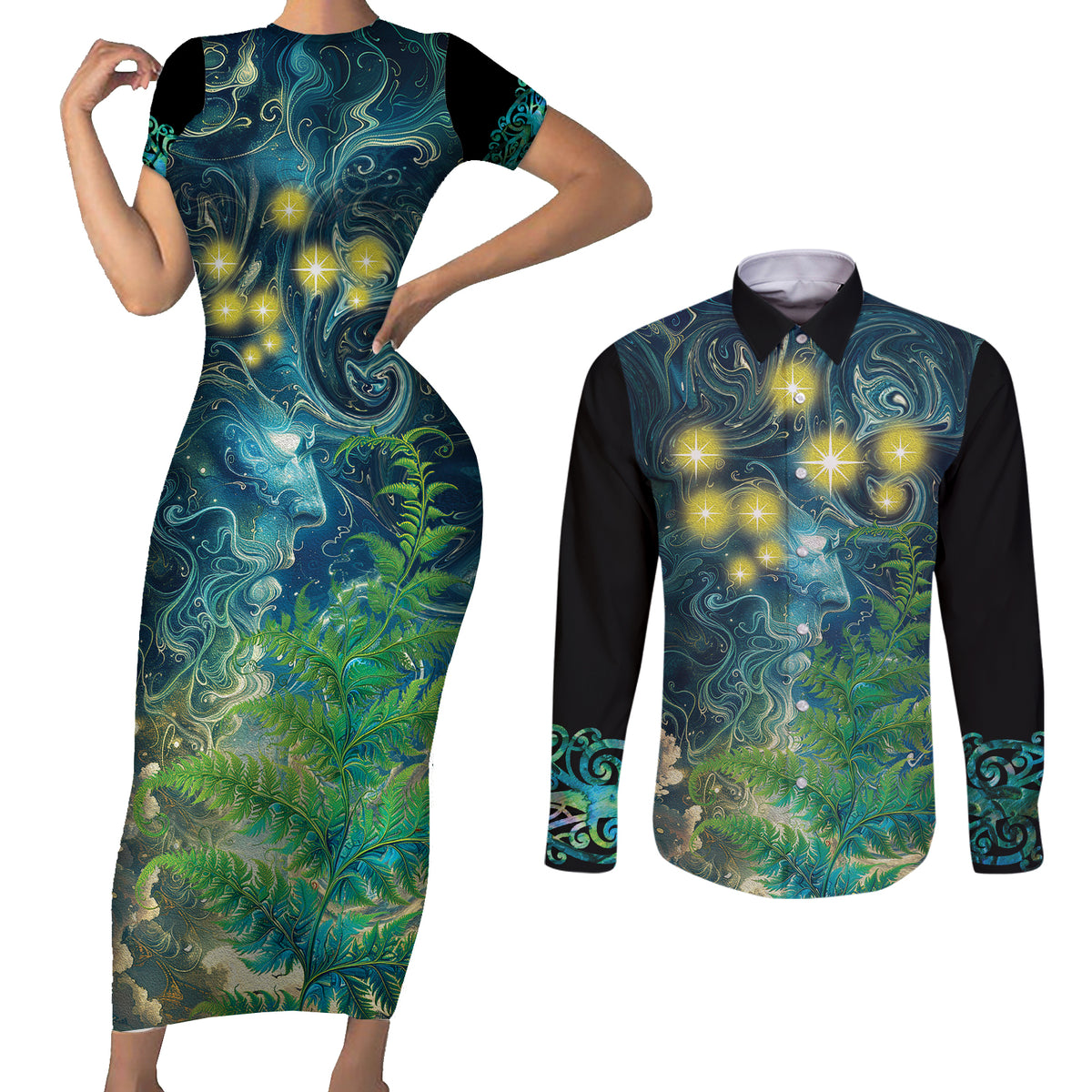 New Zealand Matariki Waipuna-a-rangi Couples Matching Short Sleeve Bodycon Dress and Long Sleeve Button Shirt He Roimata o Rangi LT9 Black - Polynesian Pride