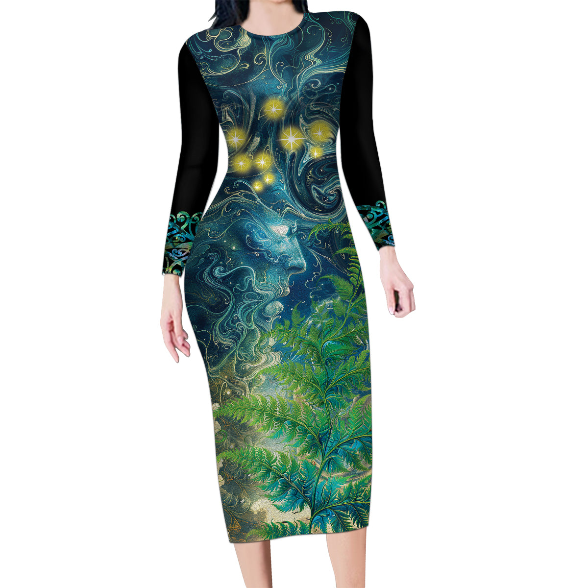 New Zealand Matariki Waipuna-a-rangi Family Matching Long Sleeve Bodycon Dress and Hawaiian Shirt He Roimata o Rangi LT9 Mom's Dress Black - Polynesian Pride