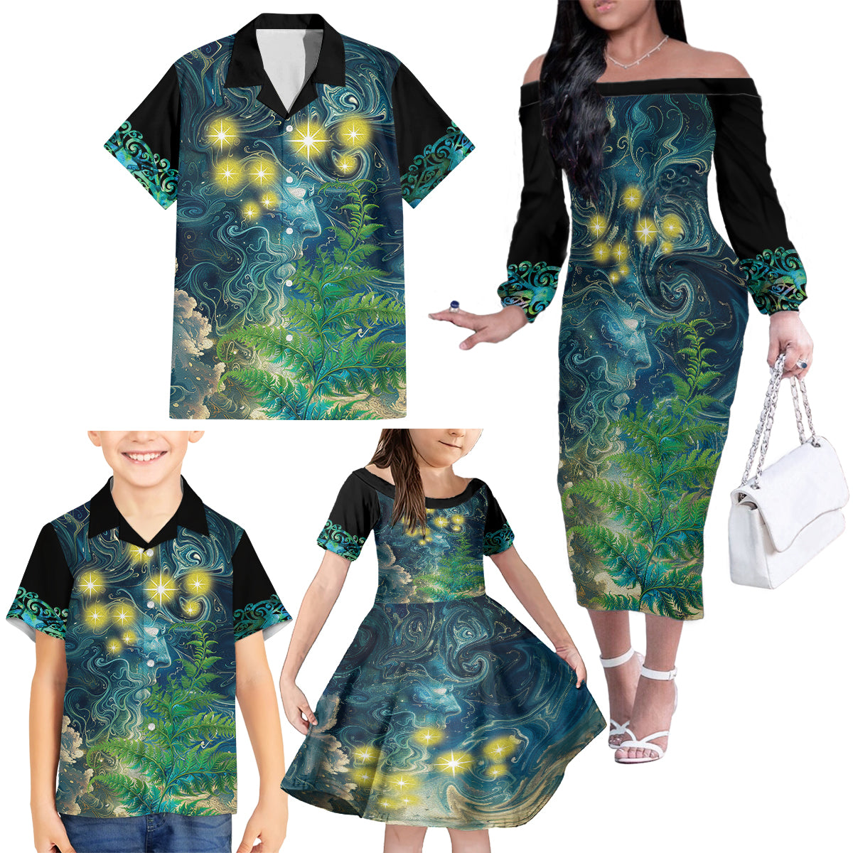 New Zealand Matariki Waipuna-a-rangi Family Matching Off The Shoulder Long Sleeve Dress and Hawaiian Shirt He Roimata o Rangi LT9 - Polynesian Pride