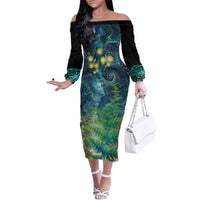 New Zealand Matariki Waipuna-a-rangi Family Matching Off The Shoulder Long Sleeve Dress and Hawaiian Shirt He Roimata o Rangi LT9 Mom's Dress Black - Polynesian Pride