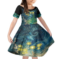 New Zealand Matariki Waipuna-a-rangi Family Matching Off Shoulder Maxi Dress and Hawaiian Shirt He Roimata o Rangi LT9 Daughter's Dress Black - Polynesian Pride