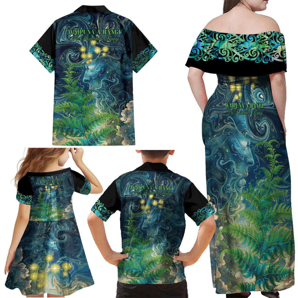 New Zealand Matariki Waipuna-a-rangi Family Matching Off Shoulder Maxi Dress and Hawaiian Shirt He Roimata o Rangi LT9 - Polynesian Pride
