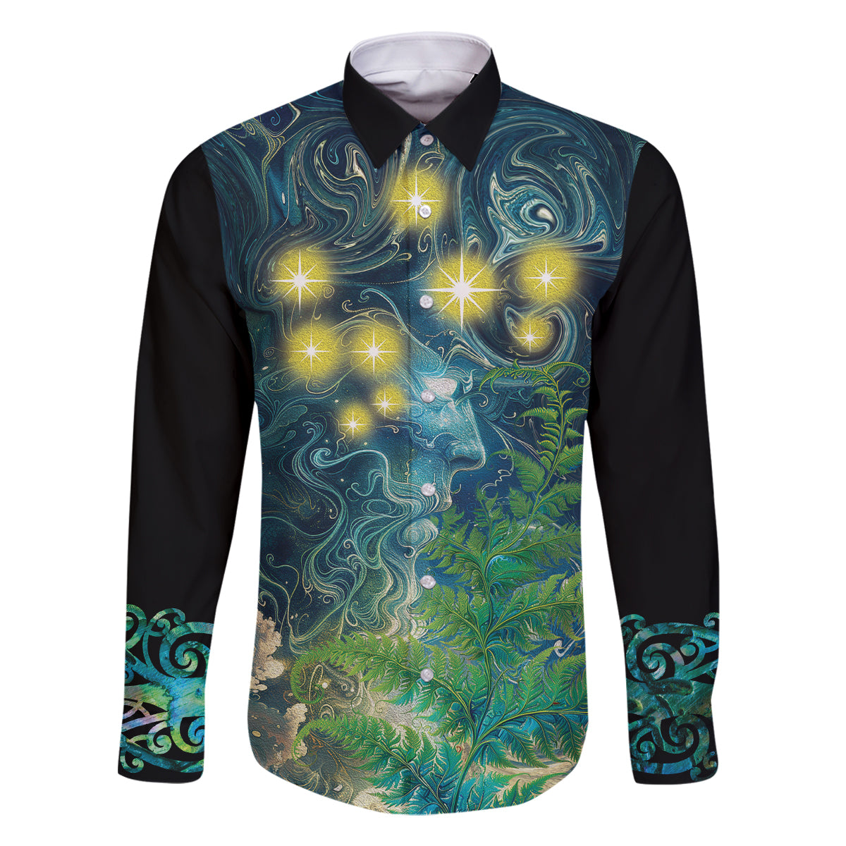 New Zealand Matariki Waipuna-a-rangi Family Matching Off Shoulder Maxi Dress and Hawaiian Shirt He Roimata o Rangi LT9 Dad's Shirt - Long Sleeve Black - Polynesian Pride