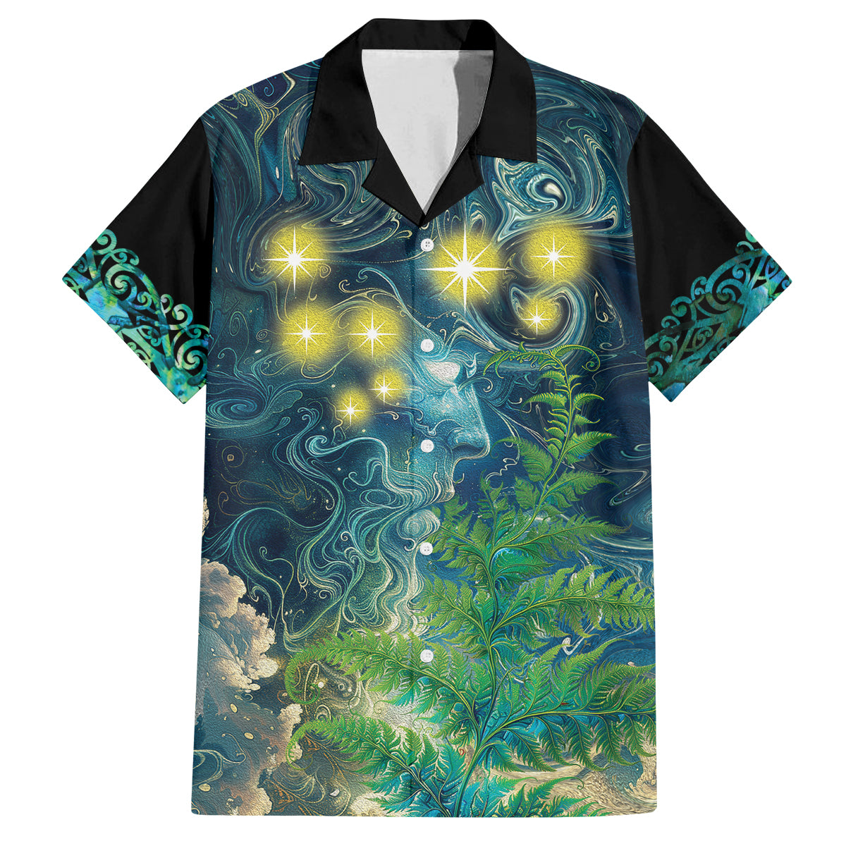 New Zealand Matariki Waipuna-a-rangi Family Matching Off Shoulder Short Dress and Hawaiian Shirt He Roimata o Rangi LT9 Dad's Shirt - Short Sleeve Black - Polynesian Pride