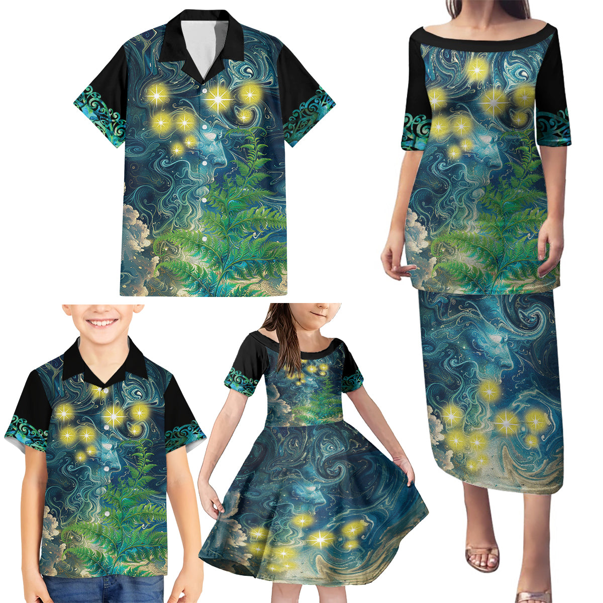 New Zealand Matariki Waipuna-a-rangi Family Matching Puletasi and Hawaiian Shirt He Roimata o Rangi LT9 - Polynesian Pride