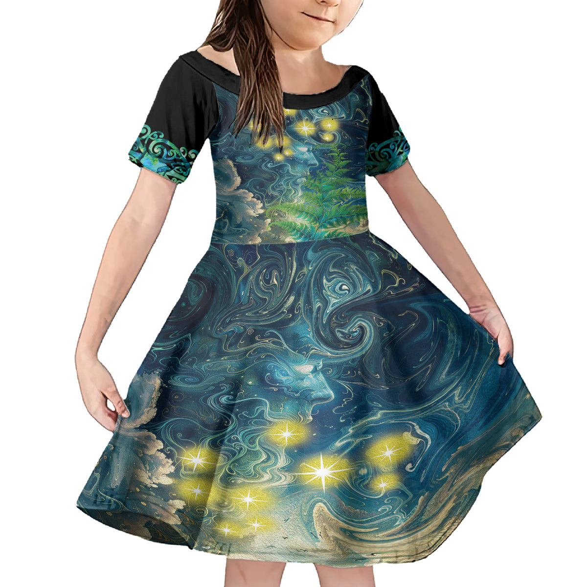 New Zealand Matariki Waipuna-a-rangi Family Matching Short Sleeve Bodycon Dress and Hawaiian Shirt He Roimata o Rangi LT9 Daughter's Dress Black - Polynesian Pride
