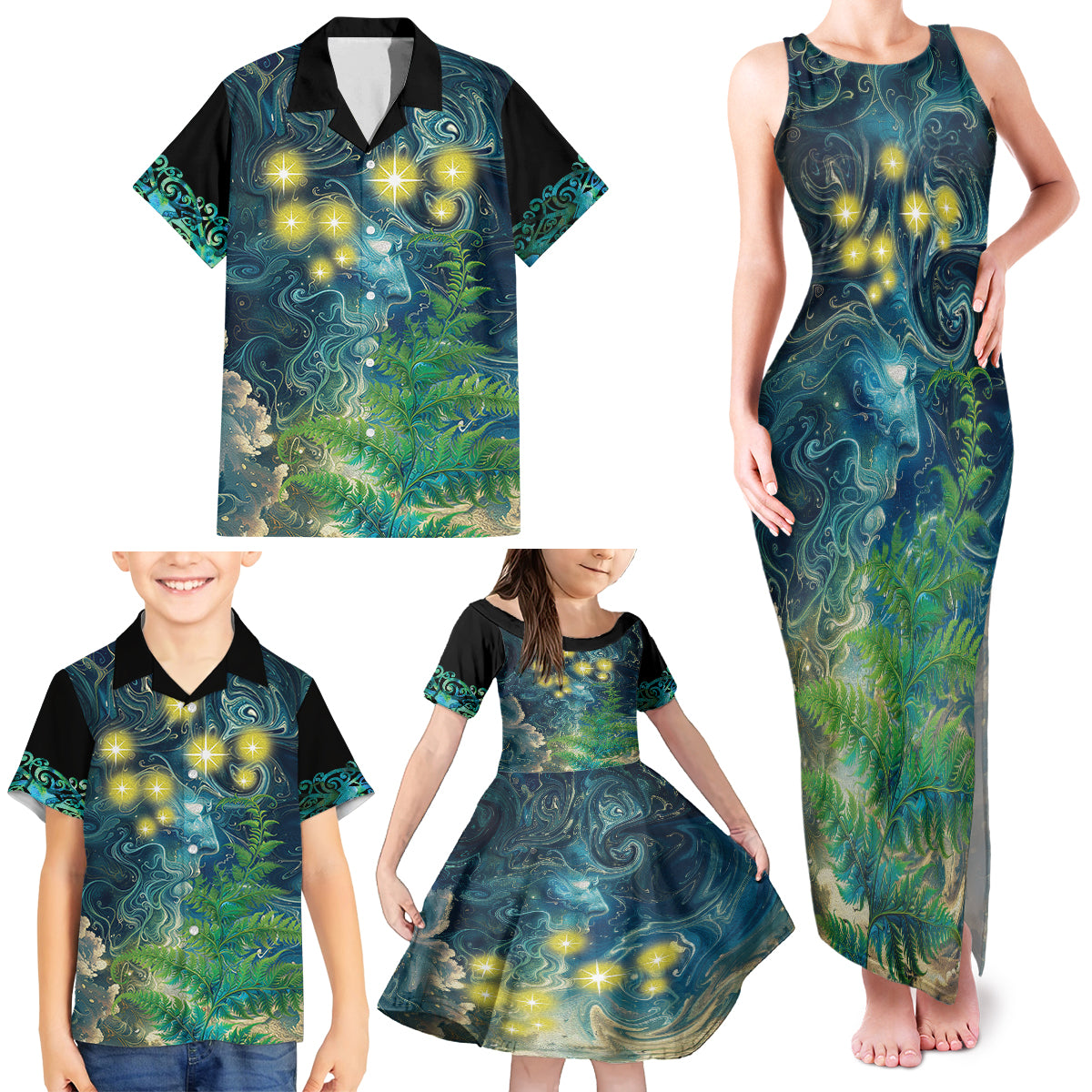 New Zealand Matariki Waipuna-a-rangi Family Matching Tank Maxi Dress and Hawaiian Shirt He Roimata o Rangi LT9 - Polynesian Pride