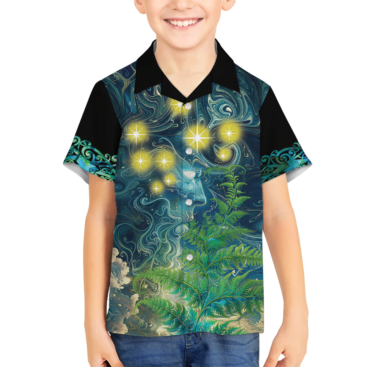 New Zealand Matariki Waipuna-a-rangi Family Matching Tank Maxi Dress and Hawaiian Shirt He Roimata o Rangi LT9 Son's Shirt Black - Polynesian Pride