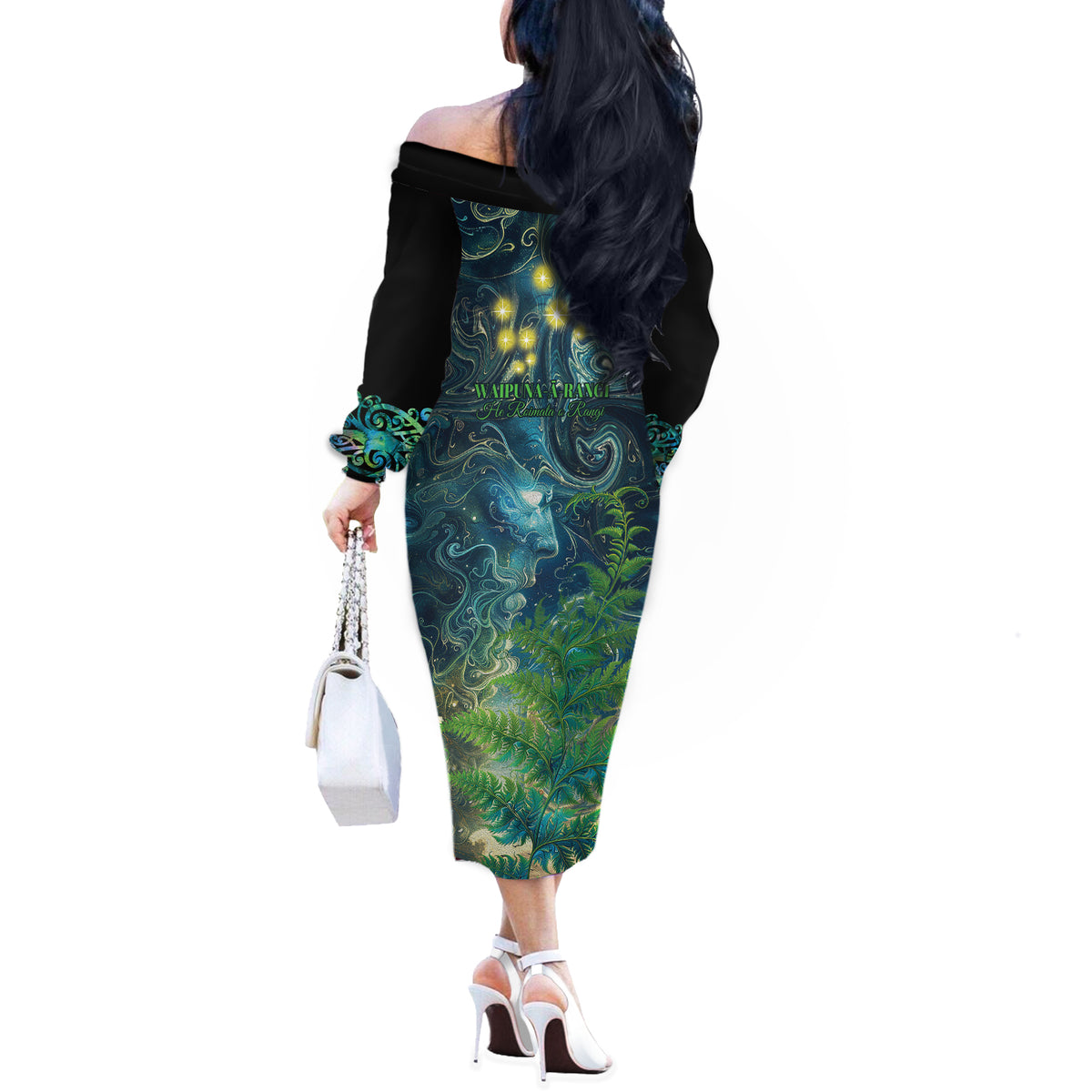 New Zealand Matariki Waipuna-a-rangi Off The Shoulder Long Sleeve Dress He Roimata o Rangi