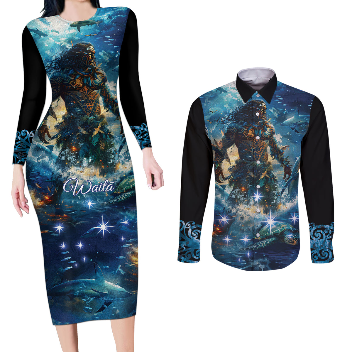 New Zealand Matariki Waita Couples Matching Long Sleeve Bodycon Dress and Long Sleeve Button Shirt The Way Of The Water LT9 Black - Polynesian Pride