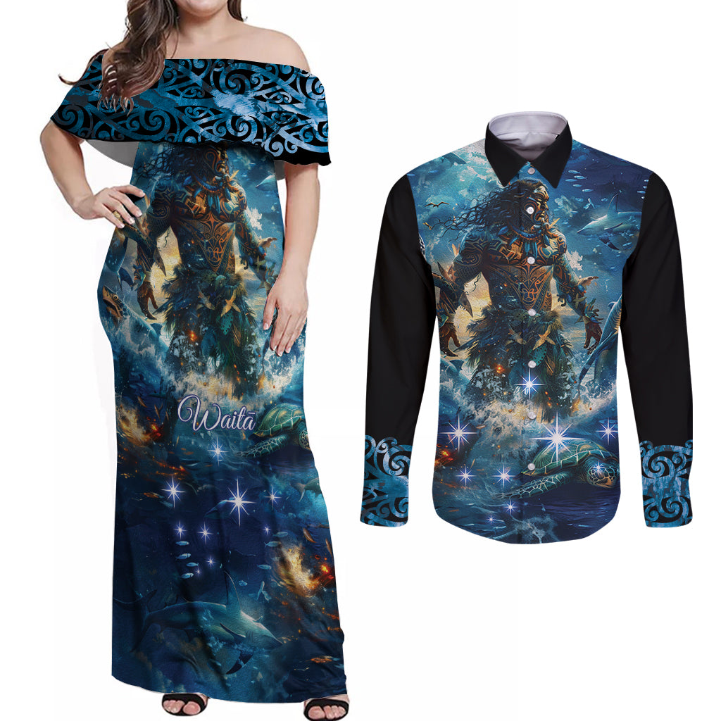 New Zealand Matariki Waita Couples Matching Off Shoulder Maxi Dress and Long Sleeve Button Shirt The Way Of The Water LT9 Black - Polynesian Pride