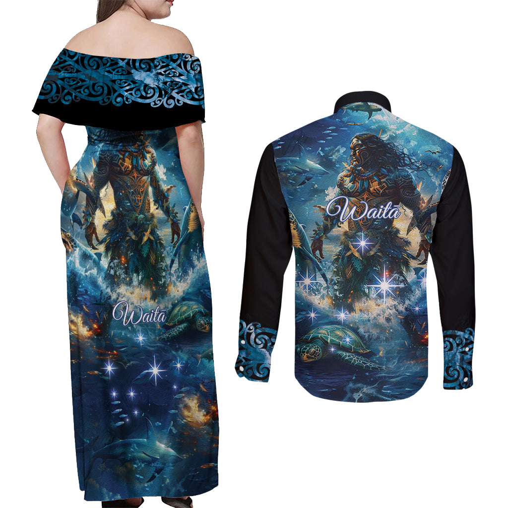 New Zealand Matariki Waita Couples Matching Off Shoulder Maxi Dress and Long Sleeve Button Shirt The Way Of The Water LT9 - Polynesian Pride