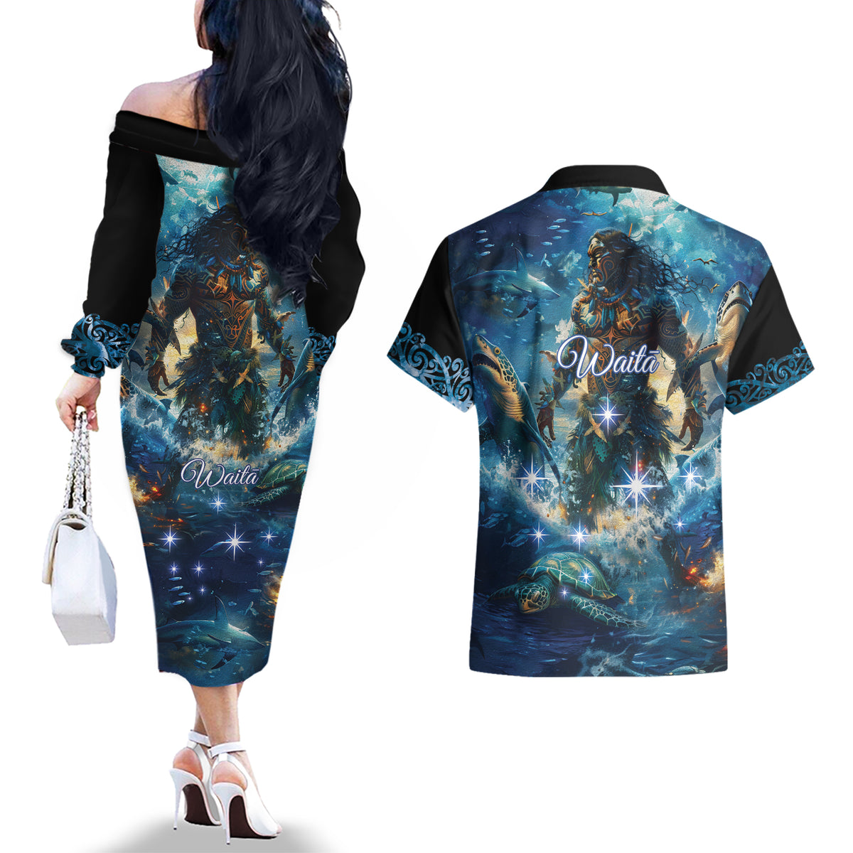 New Zealand Matariki Waita Couples Matching Off The Shoulder Long Sleeve Dress and Hawaiian Shirt The Way Of The Water LT9 - Polynesian Pride