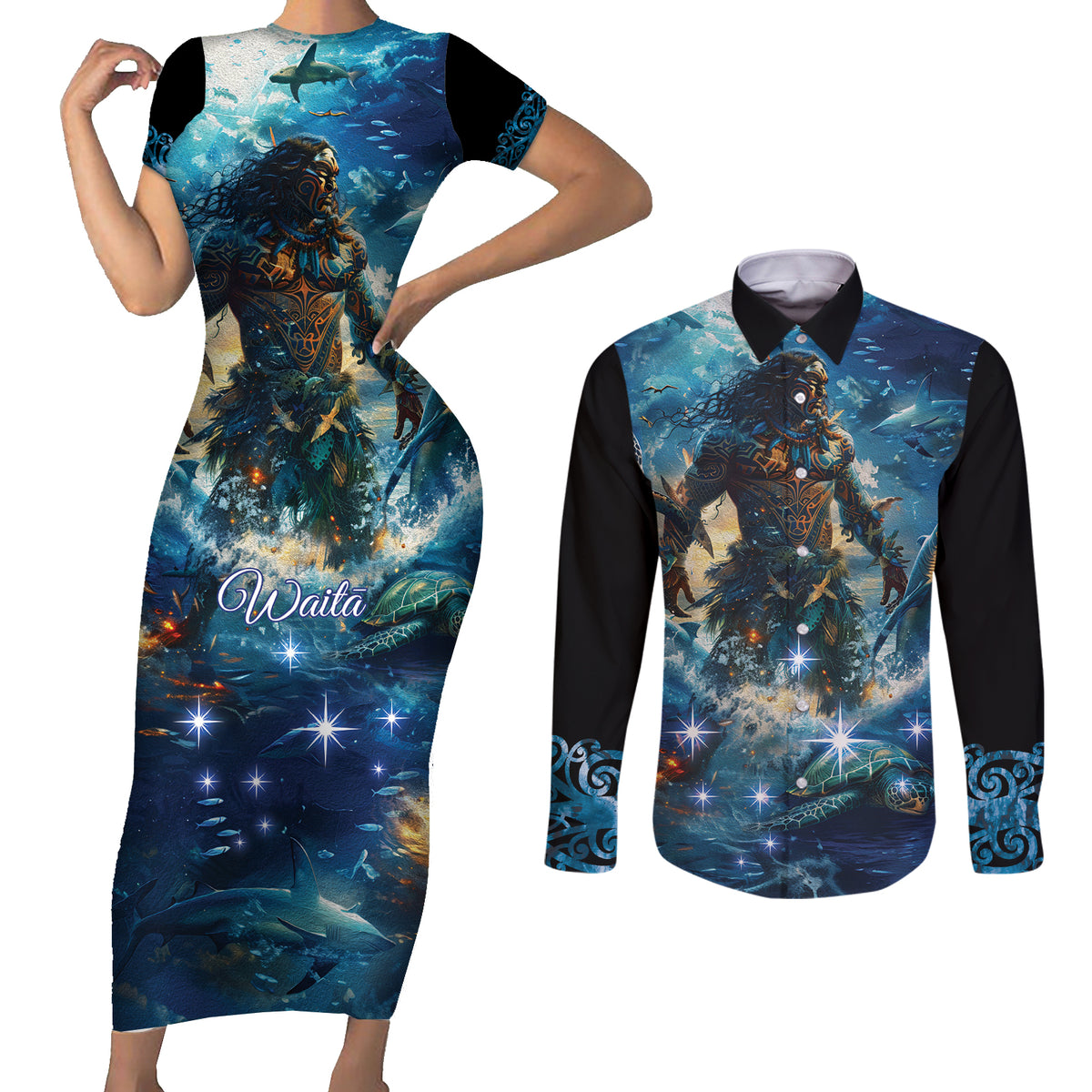 New Zealand Matariki Waita Couples Matching Short Sleeve Bodycon Dress and Long Sleeve Button Shirt The Way Of The Water LT9 Black - Polynesian Pride