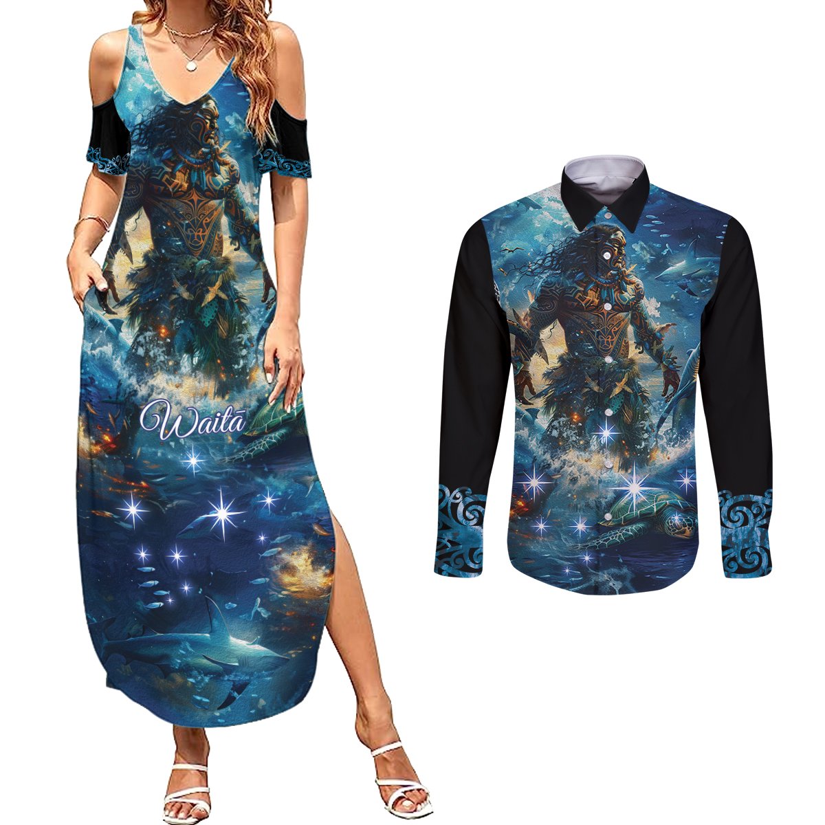 New Zealand Matariki Waita Couples Matching Summer Maxi Dress and Long Sleeve Button Shirt The Way Of The Water LT9 Black - Polynesian Pride